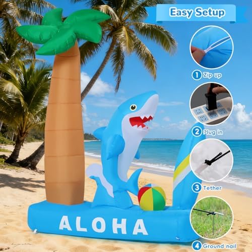 GOOSH 7.4 FT Summer Inflatable Shark with Palm Tree, Surfboard & Beach Ball Outdoor Blow Up Yard Decoration with LED Lights for Hawaiian Beach Party Garden Lawn Birthday Pool Decor