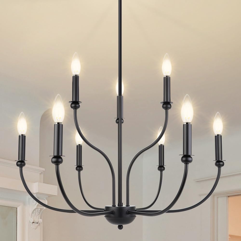 Black Chandelier Candle Style, 9-Light Farmhouse Chandelier 27’’