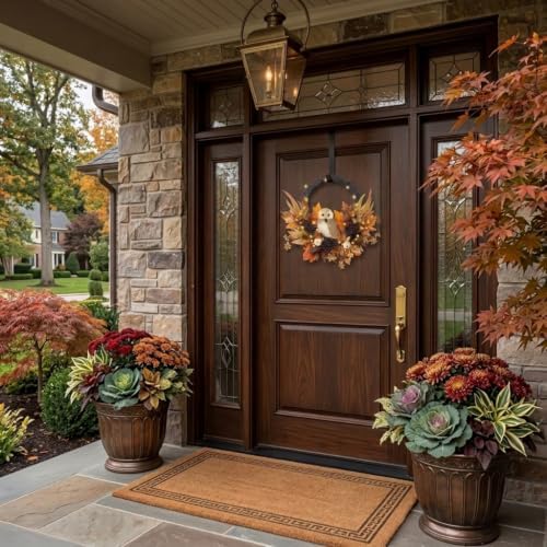 Valery Madelyn 24'' Collapsible Fall Wreath for Front Door with Owl Pumpkin