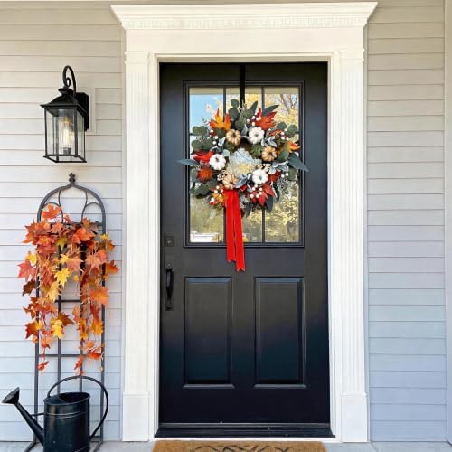 Fall Front Door Wreaths with Ribbon, 24 Inch Pumpkin Autumn Wreath