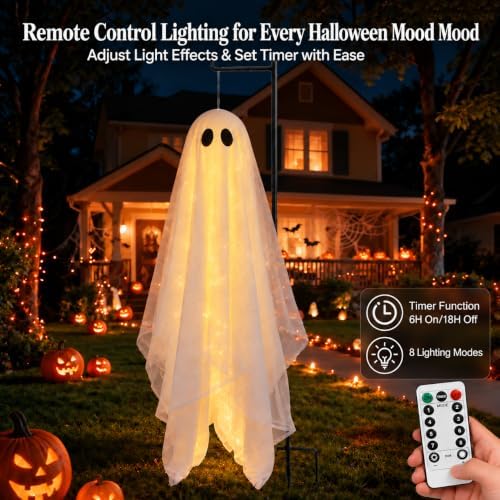 Large 4ft Pre-Assembled Hanging Ghost Halloween Decorations with Warm Glow,Gh...