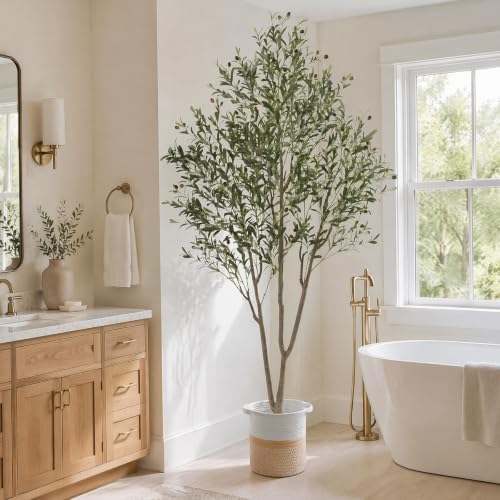 7FT Olive Trees Artificial Indoor with Planter&Basket, Tall Faux Olive Tree