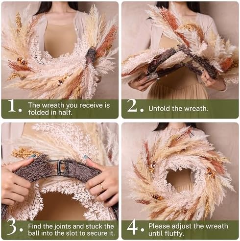 DecorbyHannah 24'' Neutral Fall Pampas Wreath with Lights for Front Door
