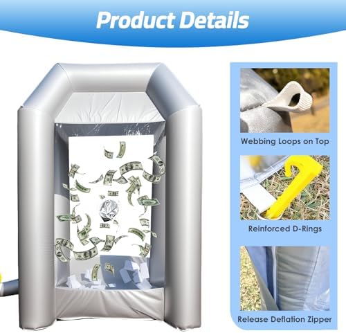 Inflatable Cash Cube Booth with 2 Blowers, Inflatable Money Grab Machine for Commercial Advertising & Event Promotion, Fast Inflation (Silver, 5.2x5.2x8.5FT)