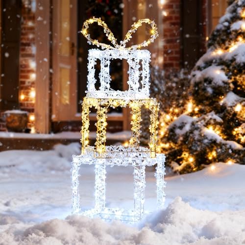 Tangkula Set of 3 Stacked Lighted Gift Boxes, Pre-Lit Box