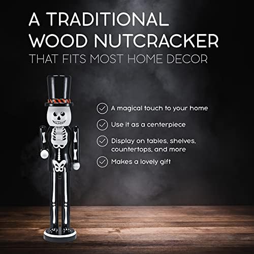 Ornativity Christmas Scary Skeleton Nutcracker – Black and White Wooden Day of the Dead Skeletal Nutcracker Man with Top Hat Xmas and Halloween Themed Holiday Nut Cracker Figure Decorations 15"