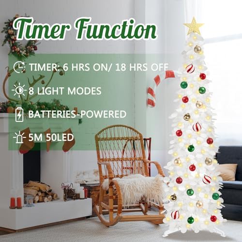 5 FT Pop Up Christmas Tree with Timer Lights and Decorations, White Artificial Tinsel Christmas Tree with 24 Ball Ornaments, Collapsible Pencil Tree for Home, Office, Holiday Party