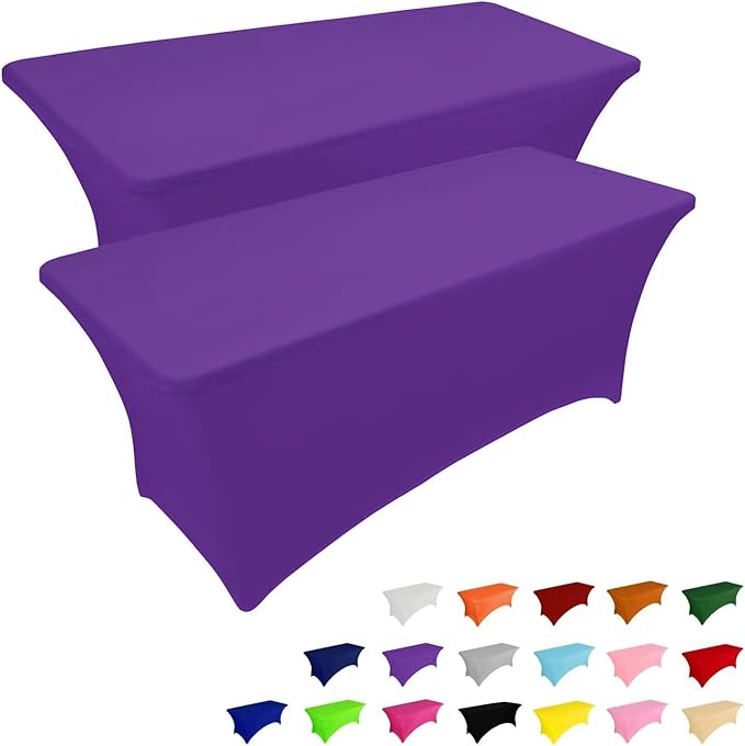 IVAPUPU 2 Pack 8FT Table Cloth for Rectangular Fitted Events Stretch Purple Table Covers Washable Cover Spandex Tablecloth Protector for Party, Wedding, Cocktail, Banquet, Festival