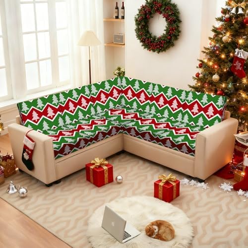 ANNA QUEEN 8Pcs Christmas Tree Zigzag Sofa Printed Couch Cushion Covers – Washable Stretchy Replacement Furniture Protector, Non-Slip Couch Cushion Cover Sofa Covers for Holiday Home Décor