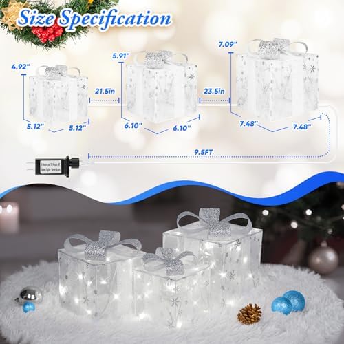 Towponics Set of 3 Christmas Lighted Gift Boxes, Outdoor Christmas Decorations with 60 LED Cool White Mini String Lights, Present Boxes with Bows and Snowflake Design for Xmas Tree Porch Mantel Decor