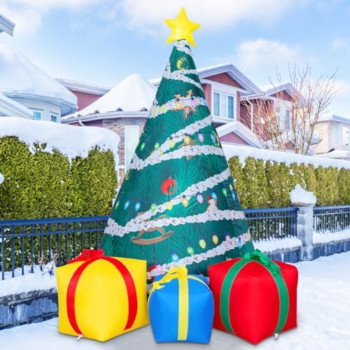 COMIN 7 FT Christmas Inflatables Tree Outdoor Decorations Blow Up Yard Present Box with Built-in LEDs for Indoor Party Garden Lawn Decor