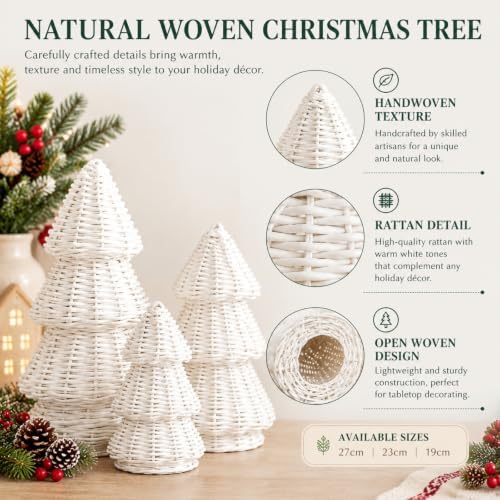 MiniInflat 3 Pcs Woven Rattan Christmas Tree Decor, Classic Weave, White
