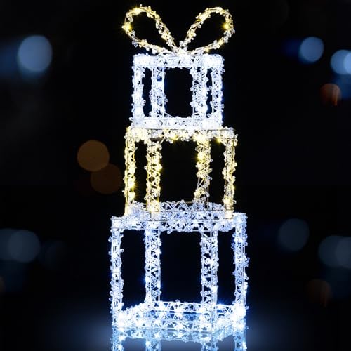 Tangkula Set of 3 Stacked Lighted Gift Boxes, Pre-Lit Box