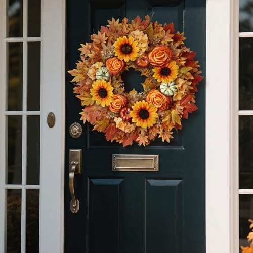 28" Large Artificial Maple Leaves Fall Wreath for Front Door(Orange-Yellow)