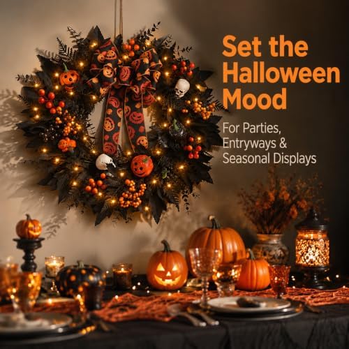 24 in Halloween Wreath for Front Door, Black Skeleton Spider Web Door Decor