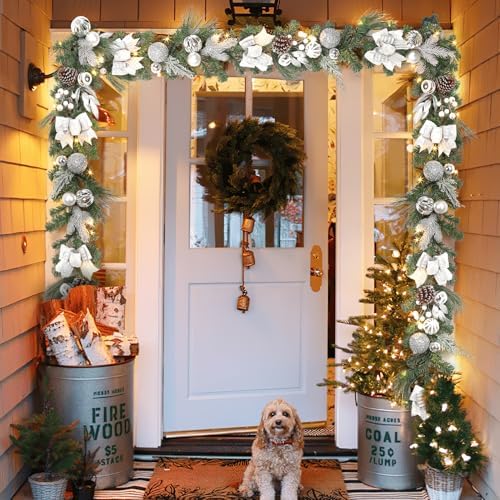6FT Christmas Garland with Lights, Xmas Battery Operated Artificial Rattan with Classic Silver Decorations, Xmas Garland for Home Indoor Fireplace Mantle Outdoor Decor, Silver