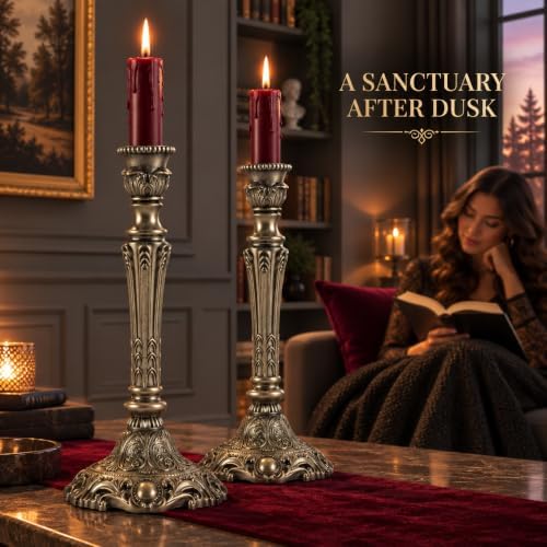 Gothic Victorian Candlesticks 2-Pack Aged Silver Metal Taper Candle Holders