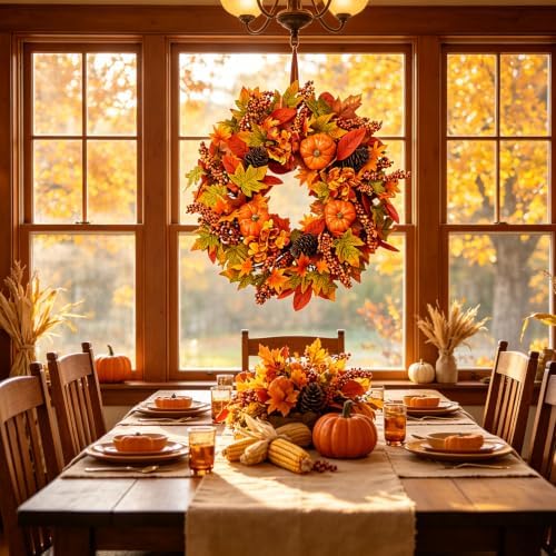 24 Inch Harvest Fall Wreath, Farmhouse Pumpkin Pinecone Autumn Wreath with Maple Leaves & Hydrangeas, Rustic Artificial Wreath for Front Porch Wall Window, Thanksgiving Home Decor
