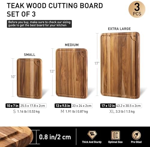 Teak Wood Cutting Boards for Kitchen 3 Pack Wooden Chopping Boards Non Slip