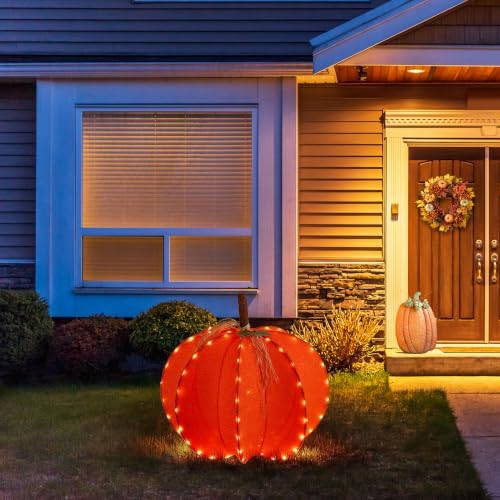 Glitzhome Fall Lighted Outdoor Decor, 32" D 3D Pumpkin Display with 100 Golden LED Lights Timer, Foldable Harvest Yard Decoration for Porch Garden