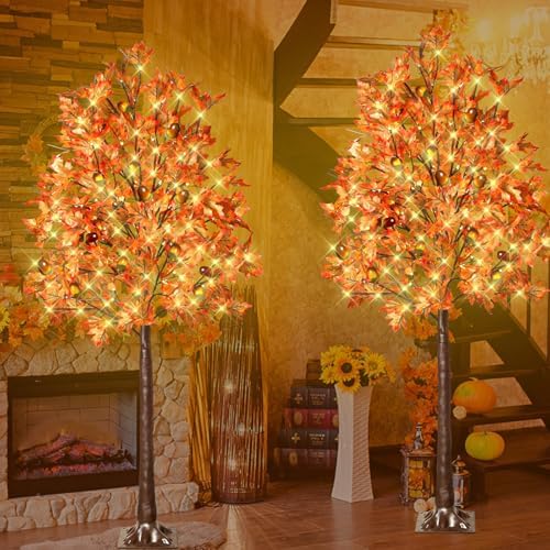 2 Pack 6FT 130 LED Lighted Maple Tree - Thanksgiving Decor Artificial Fall Tree with 13 Branches, 13 Acorns 260 Leaves, Remote 8 Modes, Timing, DC 5V Safe for Outdoor Wedding Party Autumn Decor