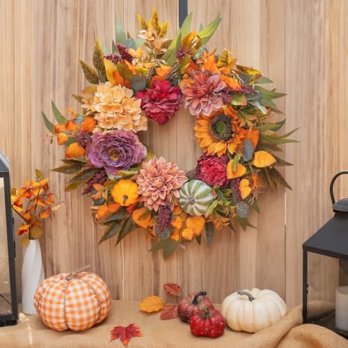 24 Inch Artificial Fall Wreaths for Front Door Outside with Sunflower,Peony