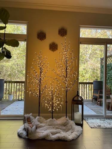 Lightshare Set of 3 Star Light Trees Christmas Decorations, Including 3 feet, 5 feet, and 6 feet, Warm White Christmas Tree, Brown Branch