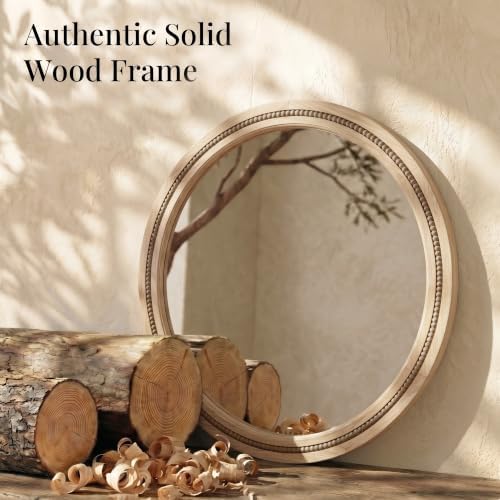 Solid Wood 30 Inch Round Beaded Vanity Wall Mirror, Natural Wood