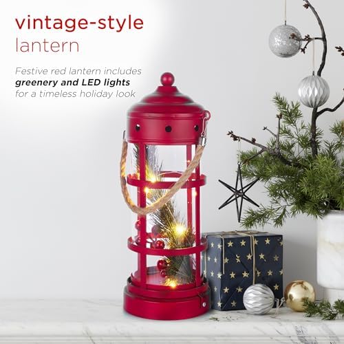 Alpine Corporation 13" Tall Metal and Glass Christmas Lantern with 8 Warm White LED Lights, Built-in Timer, Indoor Holiday Decoration for Tabletop or Hanging Display, Red