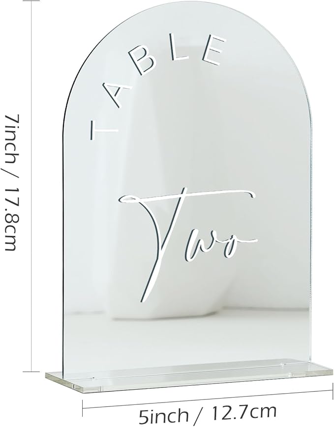 JINMURY Sliver Arch Wedding Table Numbers 1-10 with Stands, 5x7 Inch Acrylic Arch Sign with White Lettering, Sliver Mirror Acrylic Table Numbers for Wedding Reception