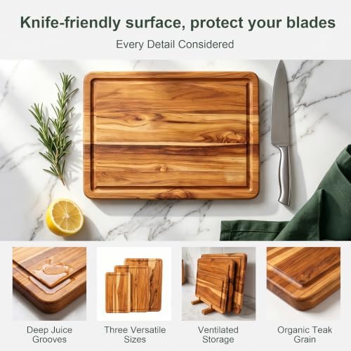 3 Pcs Teak Wood Cutting Board Set with Fast Drying Stand for Kitchen