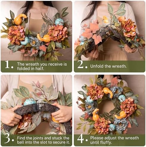 DecorbyHannah 24'' Fall Wreath for Front Door with Lights & Peony Hydrangea