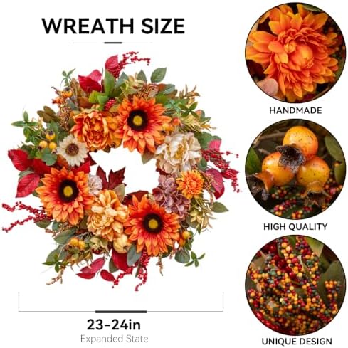 24 Inch Harvest Fall Wreaths for Front Door with Sunflower,Peony,Hydrangeas