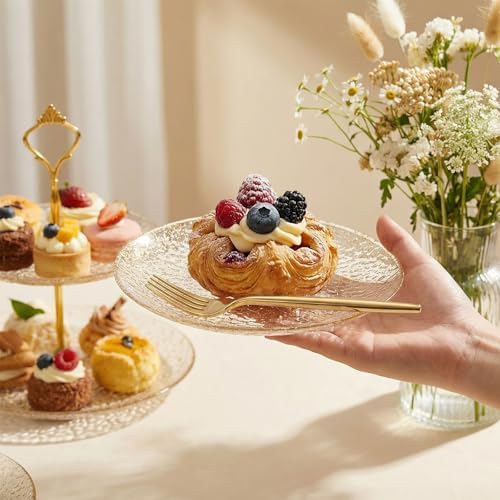 Rubtlamp 200pcs Gold Glitter Plastic Dessert Plates, Hammered 6 Inch Small Plates, Heavy Duty Appetizer Plate with 100 Gold Small Forks, Fancy Cake Snack Plate for Birthday Wedding Teatime