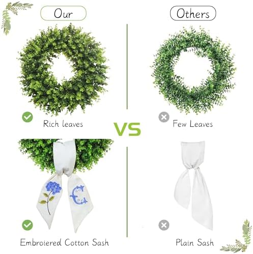 Boxwood Wreath for Front Door Spring Summer Wreaths for Farmhouse,Last Name Initial Year Round Porch Decor,20 inch Green Wreath with Personalized Monogram sash Embroidered Hydrangea and Letter - (C)