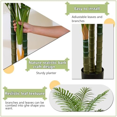 4FT Tall Golden Cane Artificial Palm Tree, Large Faux Palm Tree with 3 Textured Trunks, Outdoor Artificial Plants, Fake Tree for Indoor Office Living Room Outside Patio.