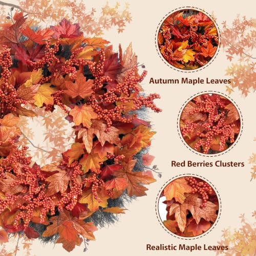 Fall Maple Leaf Wreath, 26Inch Fall Wreaths for Front Door, Large Autumn Wreath with Maple Leaves and Berries, Fall Wreath for Porch Thanksgiving & Harvest Fall Decor