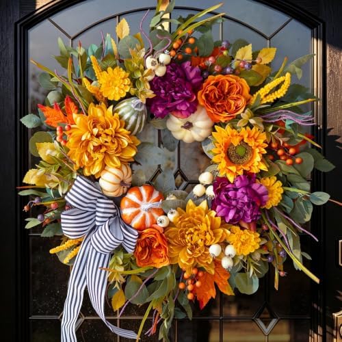 24 Inch Artificial Fall Wreaths for Front Door Outside with Striped Bow