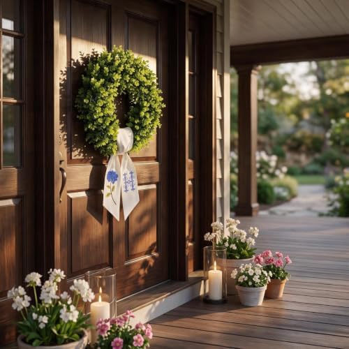 Boxwood Wreath for Front Door Spring Summer Wreaths Farmhouse Hanger,Last Name Initial Year Round Porch Decor,20 inch Multi Occasion use Wreath with Personalized Monogram sash Embroidered - (H)
