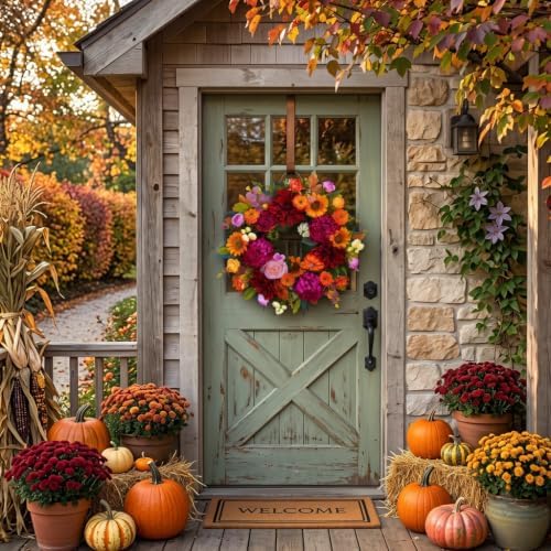 24 Inch Fall Wreath for Front Door, Artificial Harvest Fall Wreath