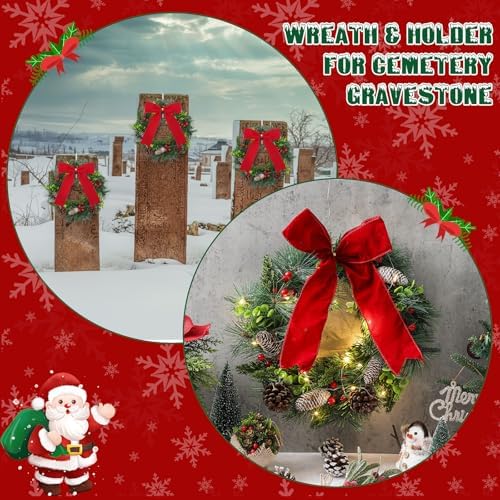 Yuntau 2 Sets Christmas Memorial Cemetery Wreath for Graves Kit Include 2 Pcs 15.8" Gravestone Wreaths 2 Pcs Wreath Hangers for Headstone Adjustable 6"- 11" Winter Xmas Tombstone Decor(Pine)