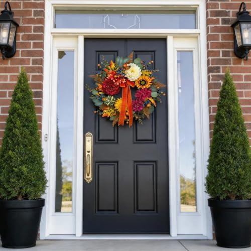 Fall Floral Wreaths for Front Door, 24 Inch Autumn Outdoor Wreath
