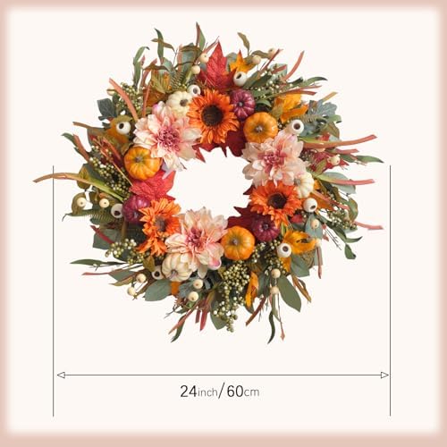 24 Inch Fall Wreaths for Front Door Artificial Flower Wreath with Sunflowers Pumpkin Leaves Large Autumn Farmhouse Wreath for Inside Outside Wall Porch Harvest Thanksgiving Day Decor