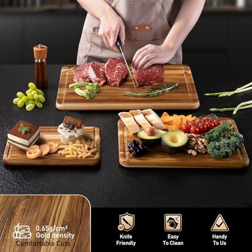 Teak Wood Cutting Boards for Kitchen 3 Pack Wooden Chopping Boards Non Slip