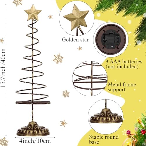 Set of 2 Lighted Christmas Tree Table Decoration with Golden Star Battery Operated Tabletop Prelit Mini Xmas Tree with LED Light up Desk Ornament for Home Mantel(Spiral,Gold)
