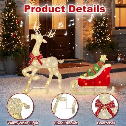 EAMBRITE Christmas Decorations Outdoor, 42 Inch Christmas Reindeer & Sled with 117 Warm White Lights, Motion Sensor 2D Music Lighted Deer Christmas Decor for Xmas Tree Lawn Porch Garden