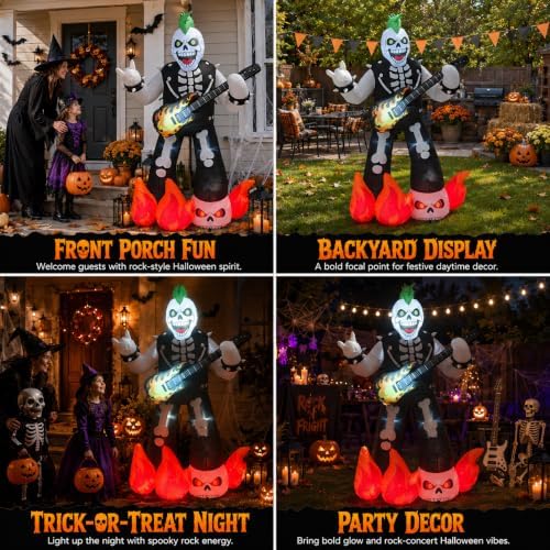 6.2FT Halloween Rock Music Skeleton Inflatable with LED Flame Guitar Decor