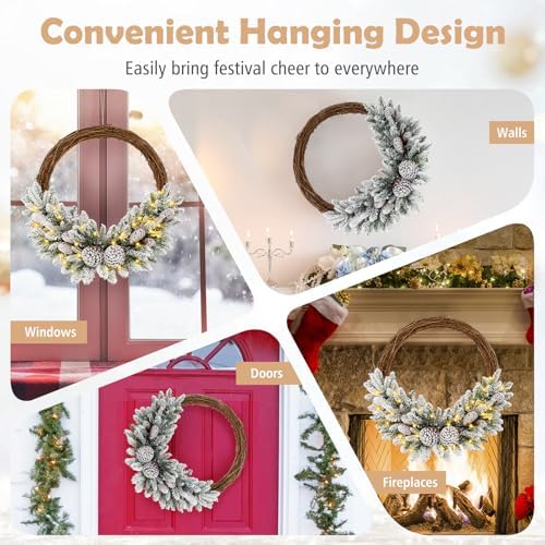 GOFLAME 24” Pre-lit Artificial Christmas Wreath, Snow Flocked Xmas Hoop Wreath with 35 LED Lights, 65 Branch Tips, 8 Natural Pine Cones, Timer, Battery-Operated Holiday Decoration for Window Wall