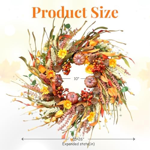 26 Inch Pumpkin Fall Wreath for Front Door Outside with Pinecones Berries
