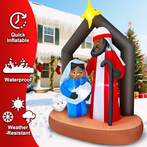 Black Santa Christmas Decorations, 7 Ft Tall 5 Ft Long African American Christmas Inflatable Black Nativity Scene Outdoor Decoration, Blow Up Jesus Manger Set with Built-in LEDs Xmas Decor Yard Lawn